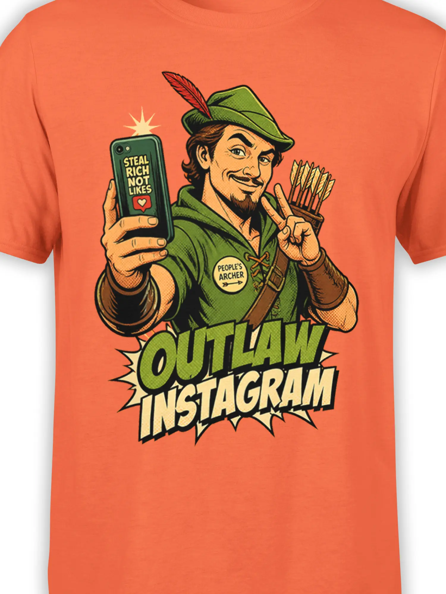 Close-up of the orange T-shirt design showing a confident hooded archer, phone, arrows, and vintage comic details