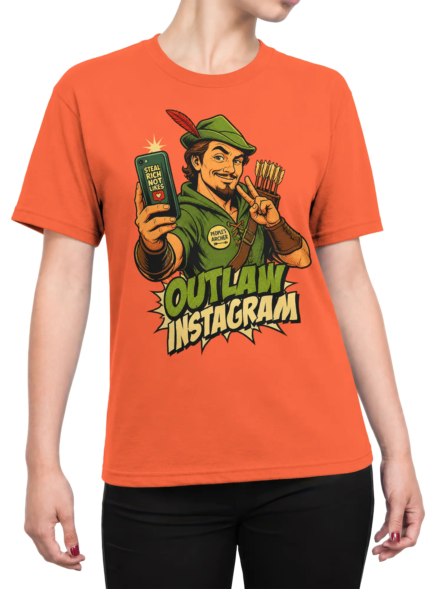 Female torso wearing an orange graphic tee with a hooded archer, arrows, smartphone, and bold vintage lettering