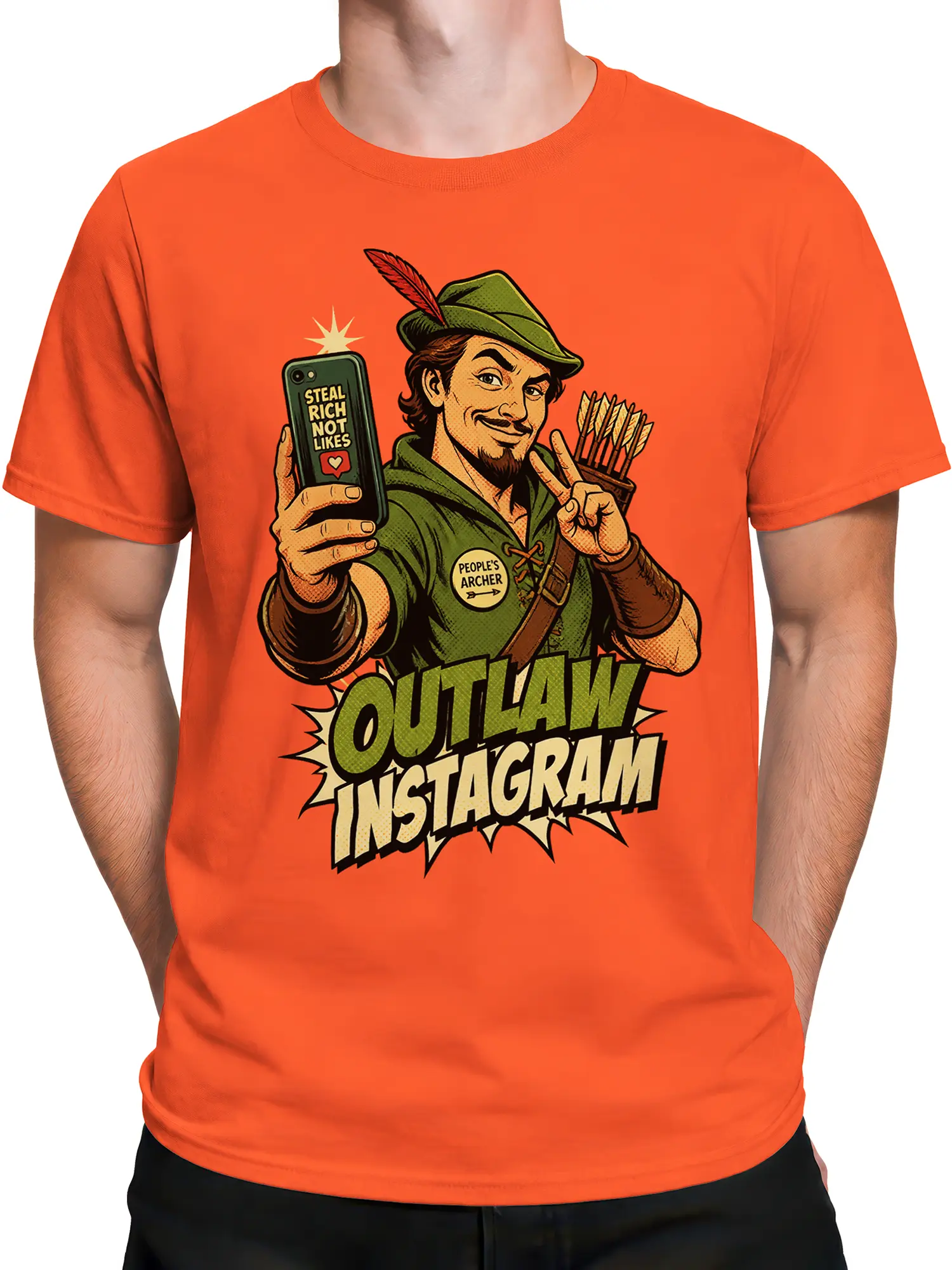 Male torso wearing an orange archer graphic tee with retro comic artwork and bold humorous lettering