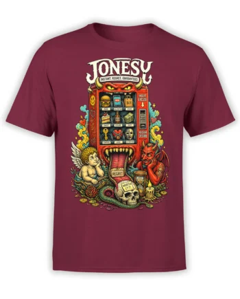 Maroon graphic T-shirt with a horned temptation vending machine, cupid, devil, skull, snake, and regret artwork