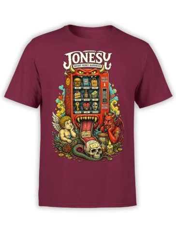 Maroon graphic T-shirt with a horned temptation vending machine, cupid, devil, skull, snake, and regret artwork