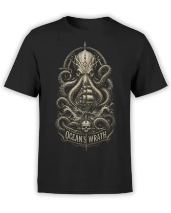 Black octopus T-shirt with sailing ship, crashing waves, skull emblem, compass, and Ocean's Wrath artwork