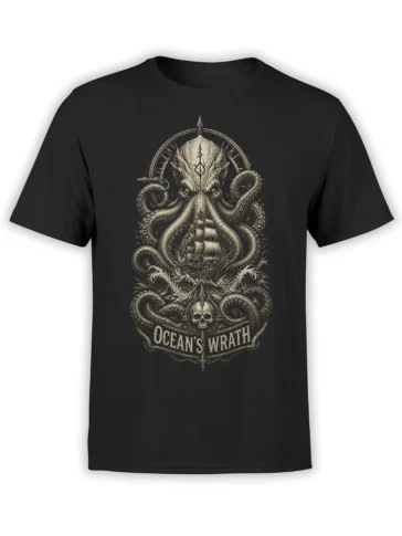 Black octopus T-shirt with sailing ship, crashing waves, skull emblem, compass, and Ocean's Wrath artwork