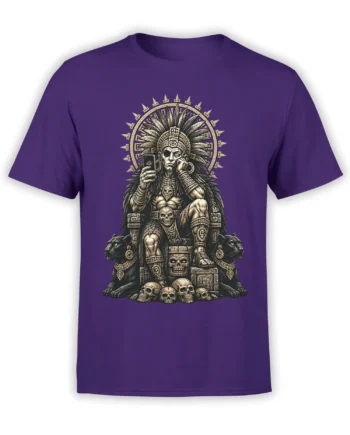 Purple T-shirt with a seated feathered warrior, two black panthers, skulls, and ornate Mesoamerican-inspired symbols