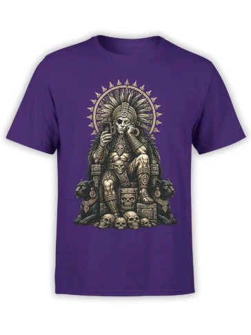Purple T-shirt with a seated feathered warrior, two black panthers, skulls, and ornate Mesoamerican-inspired symbols