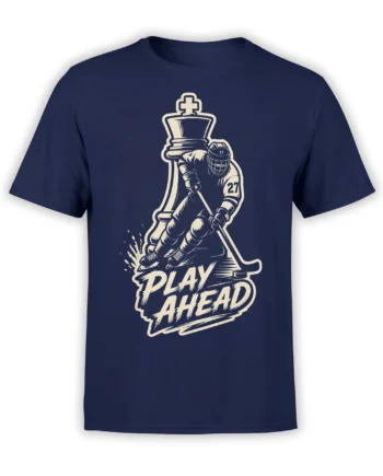 Vintage hockey goalie and chess king graphic with “PLAY AHEAD” text on a navy T-shirt