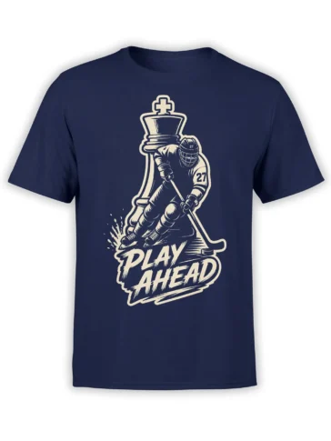 Vintage hockey goalie and chess king graphic with “PLAY AHEAD” text on a navy T-shirt