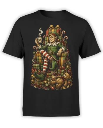 Black Christmas elf T-shirt with a mischievous elf, wrapped gifts, candy canes, ornaments, and a teddy bear