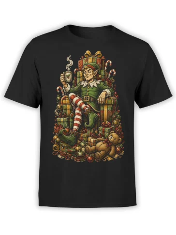 Black Christmas elf T-shirt with a mischievous elf, wrapped gifts, candy canes, ornaments, and a teddy bear