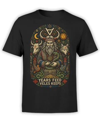 Black mythology T-shirt with a horned bearded figure, wolf, bull, snakes, sun, moon, and folk symbols
