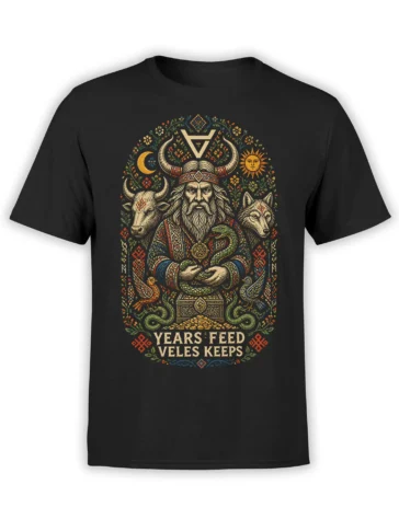 Black mythology T-shirt with a horned bearded figure, wolf, bull, snakes, sun, moon, and folk symbols
