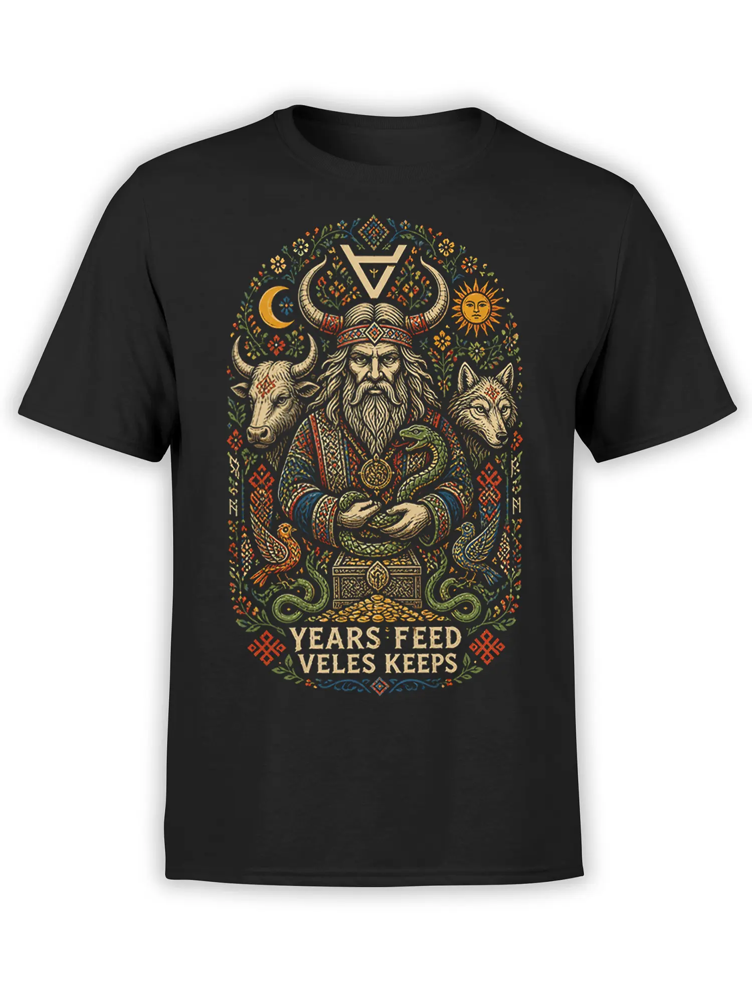 Black mythology T-shirt with a horned bearded figure, wolf, bull, snakes, sun, moon, and folk symbols