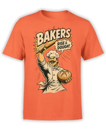 Orange T-shirt with a bold baker graphic, rolling pin, loaf of bread, and “Rise & Dough!” lettering