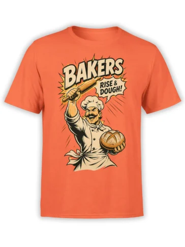 Orange T-shirt with a bold baker graphic, rolling pin, loaf of bread, and “Rise & Dough!” lettering