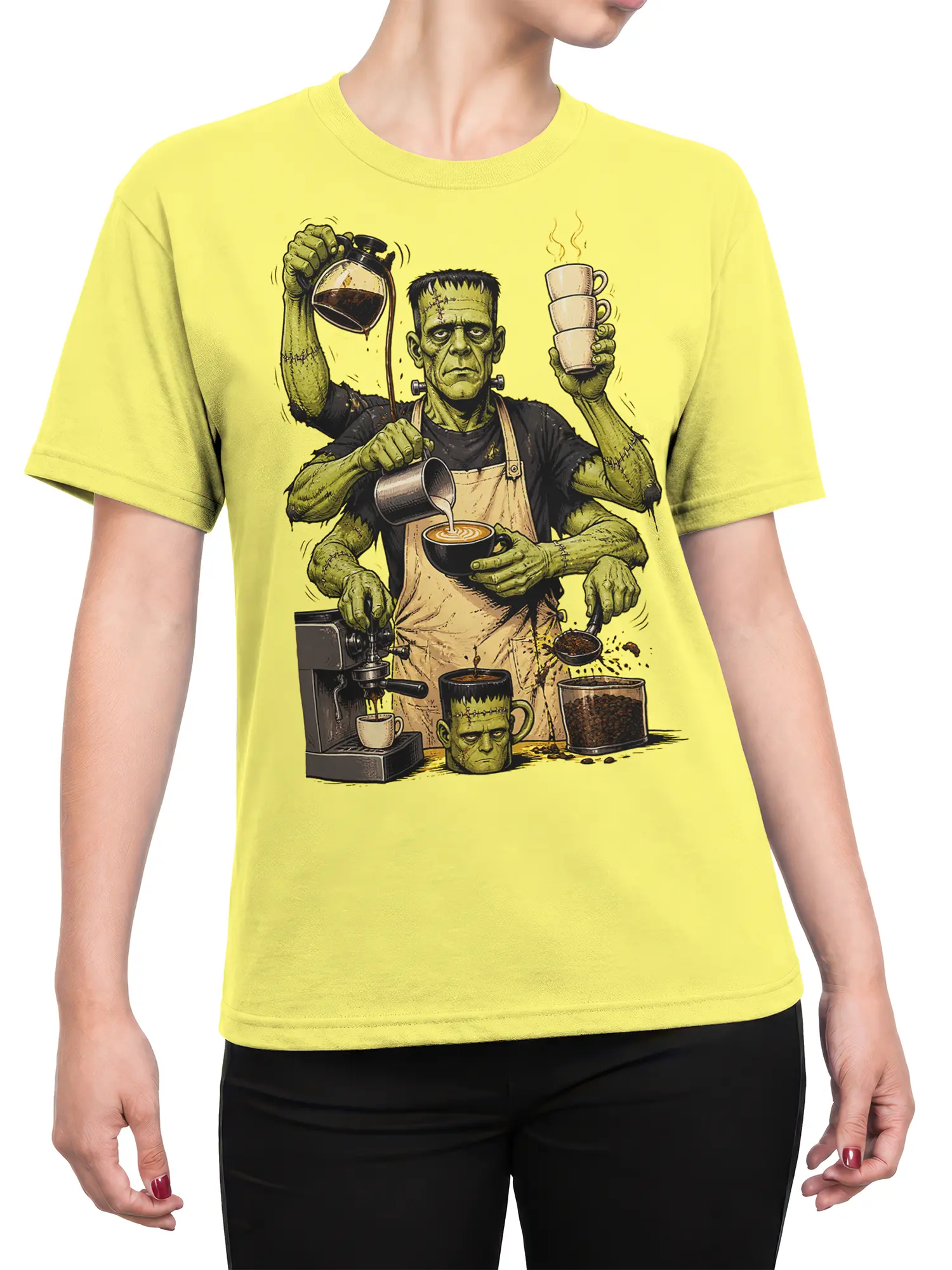 Female torso wearing a yellow T-shirt with a stitched green barista, coffee cups, beans, and café equipment