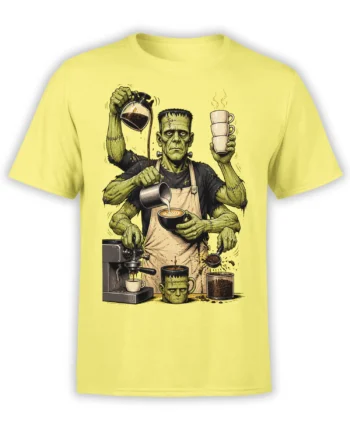 Yellow T-shirt with a stitched green barista pouring coffee beside espresso cups and a coffee machine