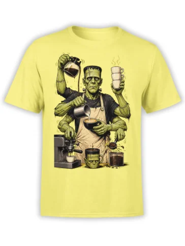 Yellow T-shirt with a stitched green barista pouring coffee beside espresso cups and a coffee machine
