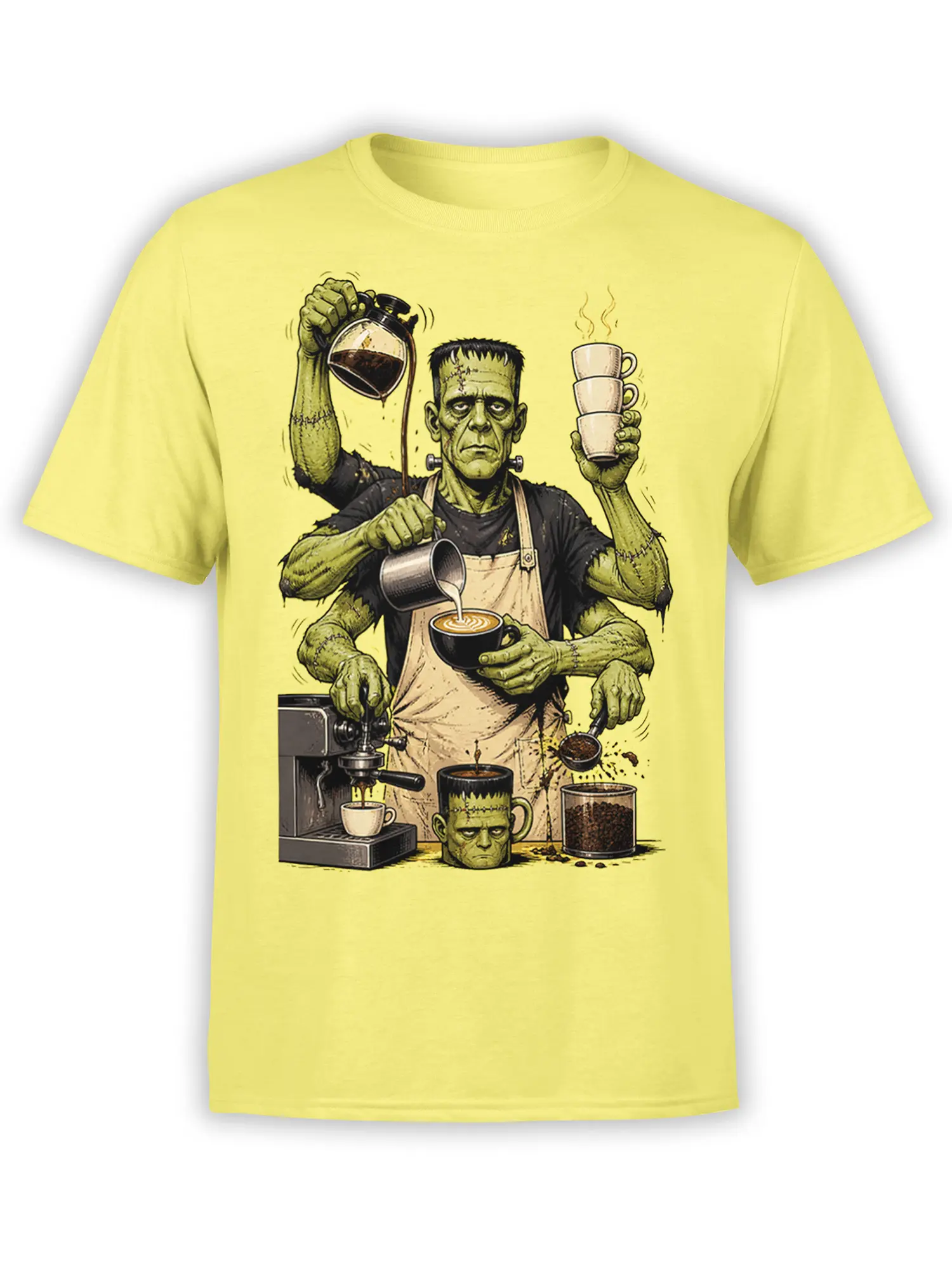 Yellow T-shirt with a stitched green barista pouring coffee beside espresso cups and a coffee machine