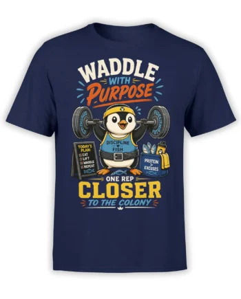 Cartoon penguin lifting a barbell on a navy shirt with Waddle With Purpose lettering