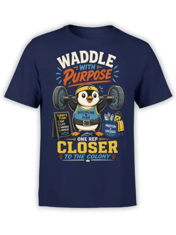 Cartoon penguin lifting a barbell on a navy shirt with Waddle With Purpose lettering