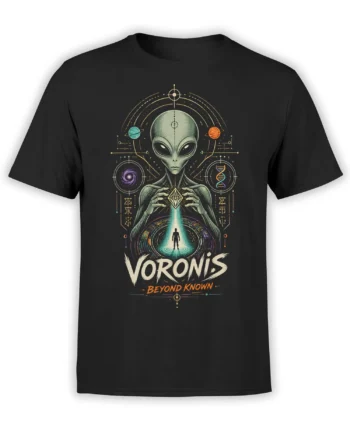 Voronis alien graphic T-shirt in black with planets, a galaxy, DNA symbol, and cosmic beam artwork