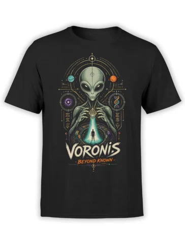 Voronis alien graphic T-shirt in black with planets, a galaxy, DNA symbol, and cosmic beam artwork