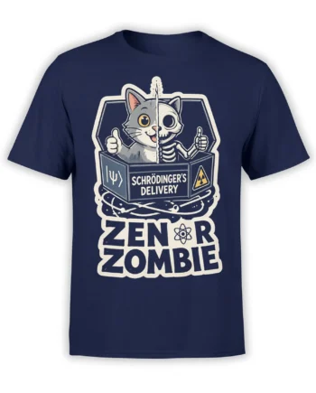 Quantum zombie cat graphic with atom and radiation symbols on a navy T-shirt