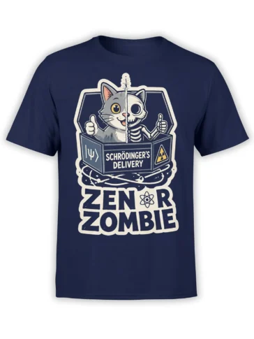 Quantum zombie cat graphic with atom and radiation symbols on a navy T-shirt