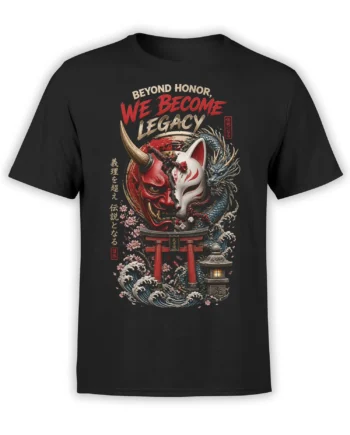 Black T-shirt with red oni mask, fox mask, blue dragon, torii gate, waves, and cherry blossoms