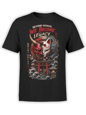 Black T-shirt with red oni mask, fox mask, blue dragon, torii gate, waves, and cherry blossoms