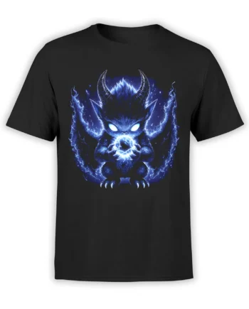 Black T-shirt with a blue horned fantasy creature holding a glowing magical orb