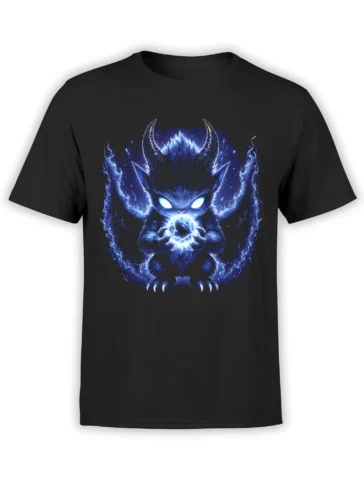 Black T-shirt with a blue horned fantasy creature holding a glowing magical orb