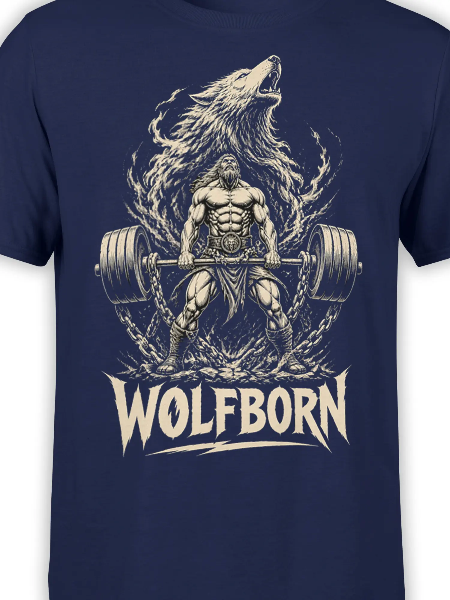 Close-up of the Wolfborn gym graphic showing a lifter, barbell, chains, and roaring wolf on navy cotton