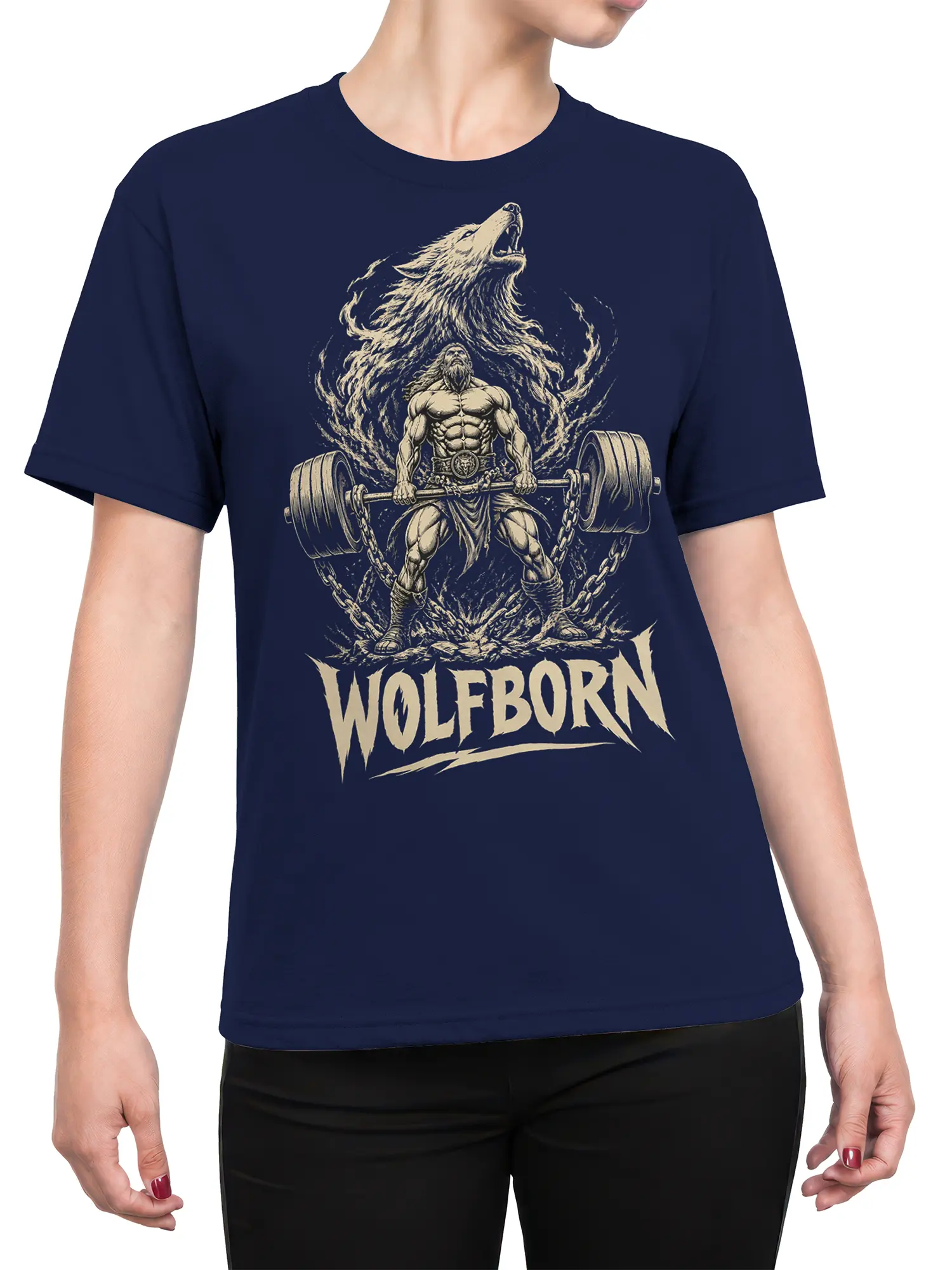 Female torso wearing a navy Wolfborn weightlifting tee with a roaring wolf and barbell graphic