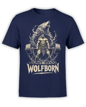 Wolfborn weightlifting T-shirt with muscular lifter, heavy barbell, chains, and roaring wolf on navy fabric