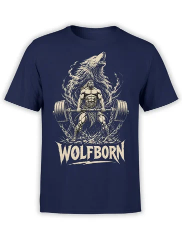 Wolfborn weightlifting T-shirt with muscular lifter, heavy barbell, chains, and roaring wolf on navy fabric
