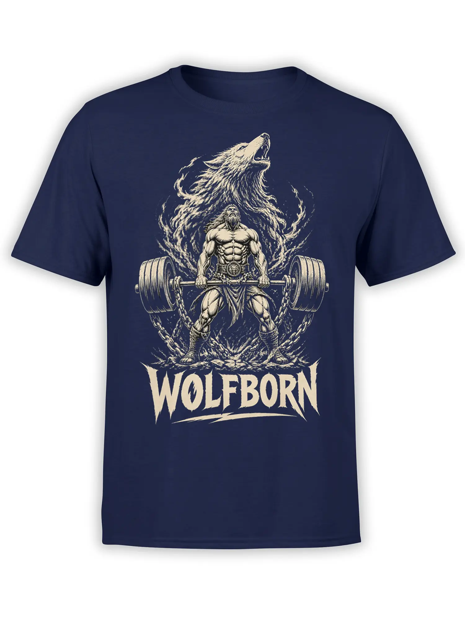 Wolfborn weightlifting T-shirt with muscular lifter, heavy barbell, chains, and roaring wolf on navy fabric
