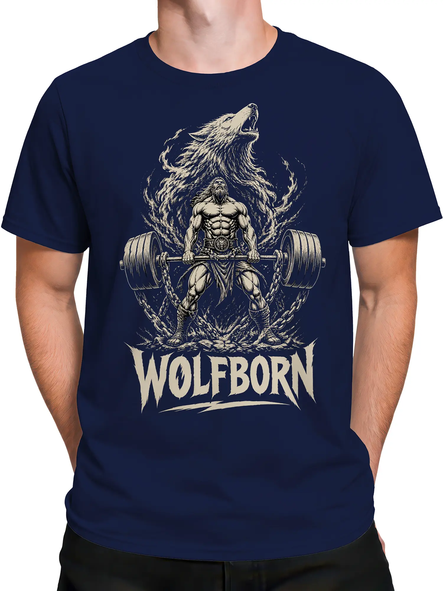 Male torso wearing a navy Wolfborn gym tee with lifter, barbell, chains, and wolf artwork