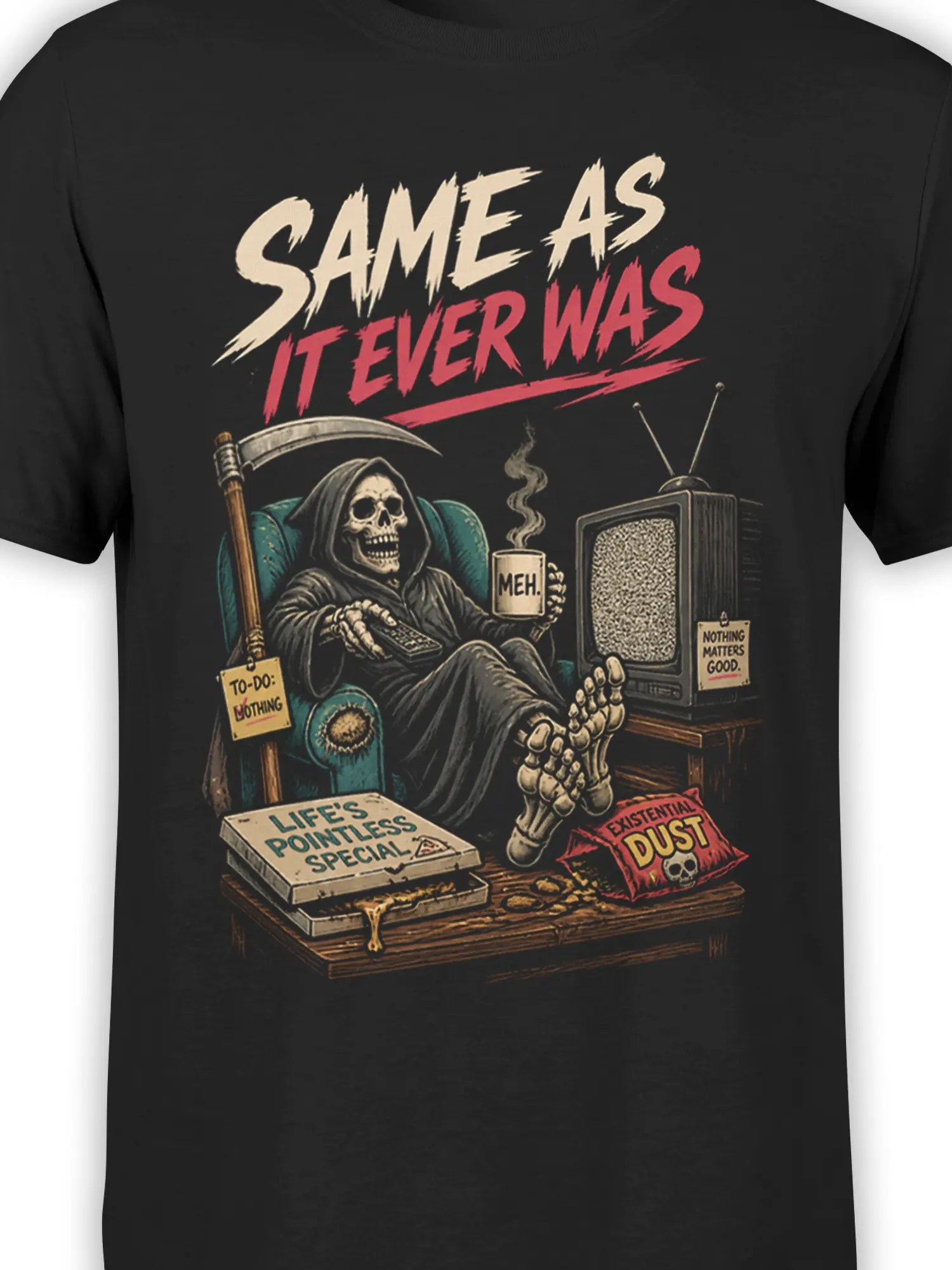 Close-up of grim reaper lounging with a remote, “MEH” mug, static TV, and distressed lettering on a black T-shirt