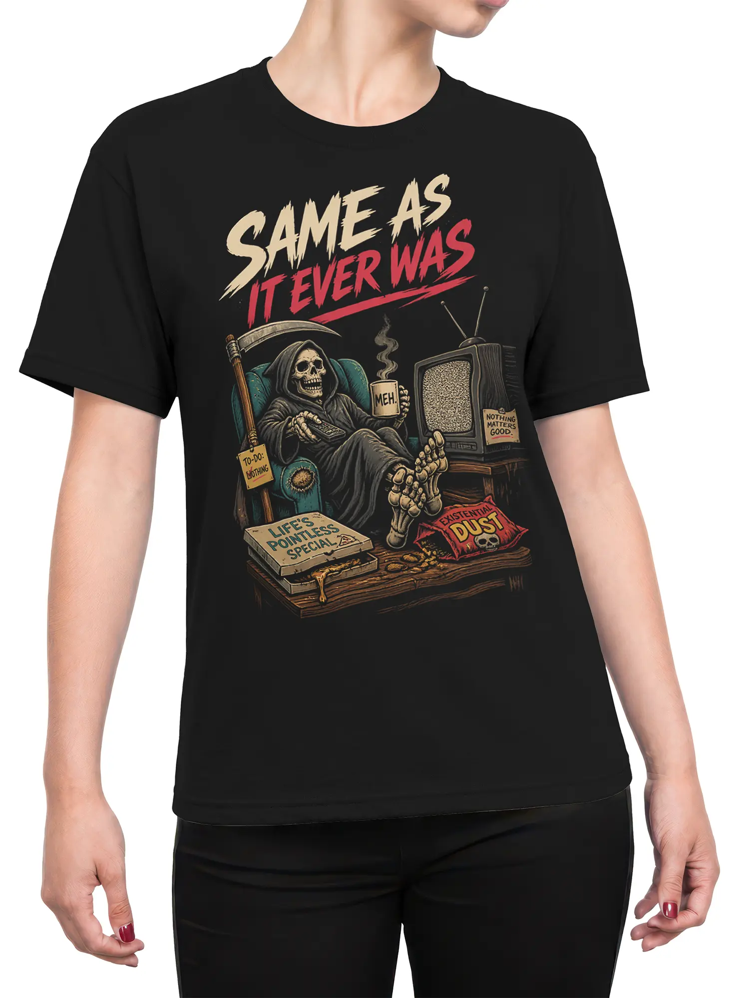 Female torso wearing a black T-shirt with lounging grim reaper, static TV, and existential humor graphic