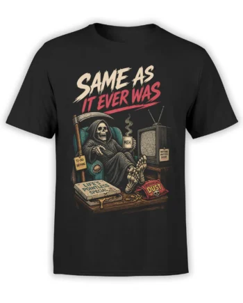 Black T-shirt with a grim reaper in an armchair, static TV, “MEH” mug, and existential humor artwork