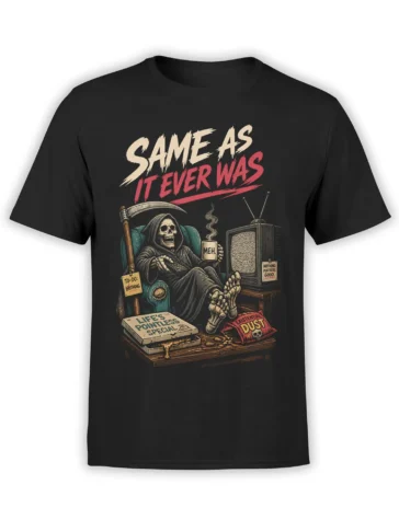 Black T-shirt with a grim reaper in an armchair, static TV, “MEH” mug, and existential humor artwork