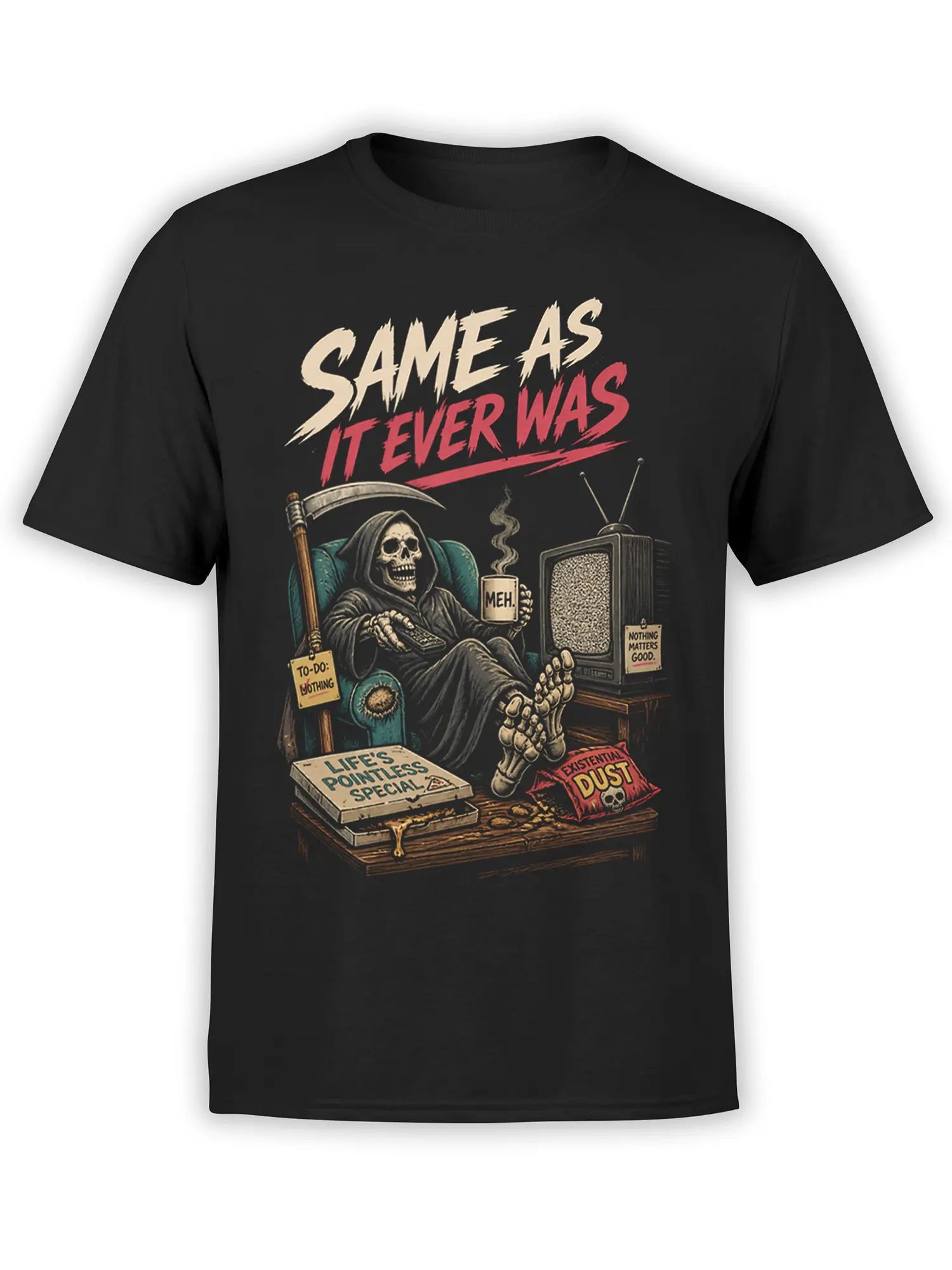 Black T-shirt with a grim reaper in an armchair, static TV, “MEH” mug, and existential humor artwork