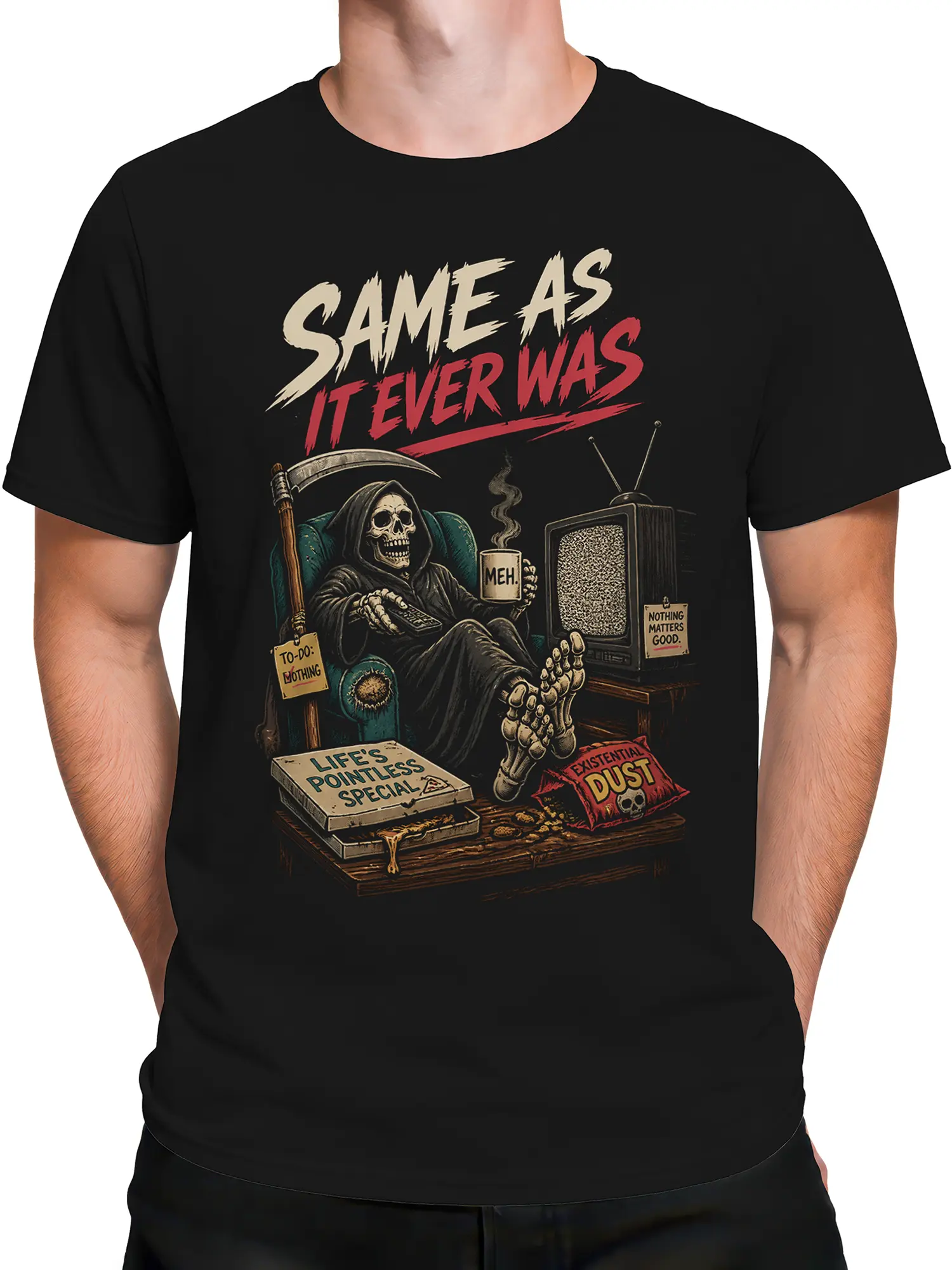 Male torso wearing a black T-shirt with grim reaper, static TV, “MEH” mug, and retro graphic artwork