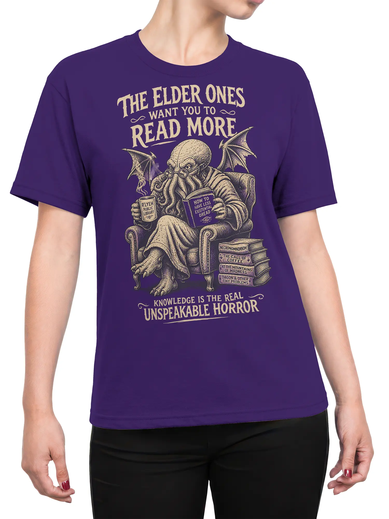 Female torso wearing a purple octopus reading graphic tee with books, coffee, and mysterious vintage lettering