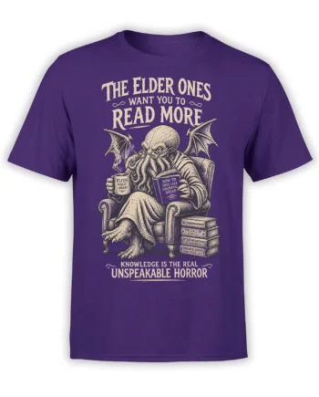 Purple octopus T-shirt with a winged creature reading about existential dread among old books