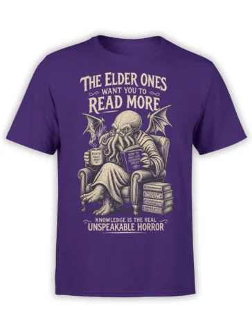 Purple octopus T-shirt with a winged creature reading about existential dread among old books