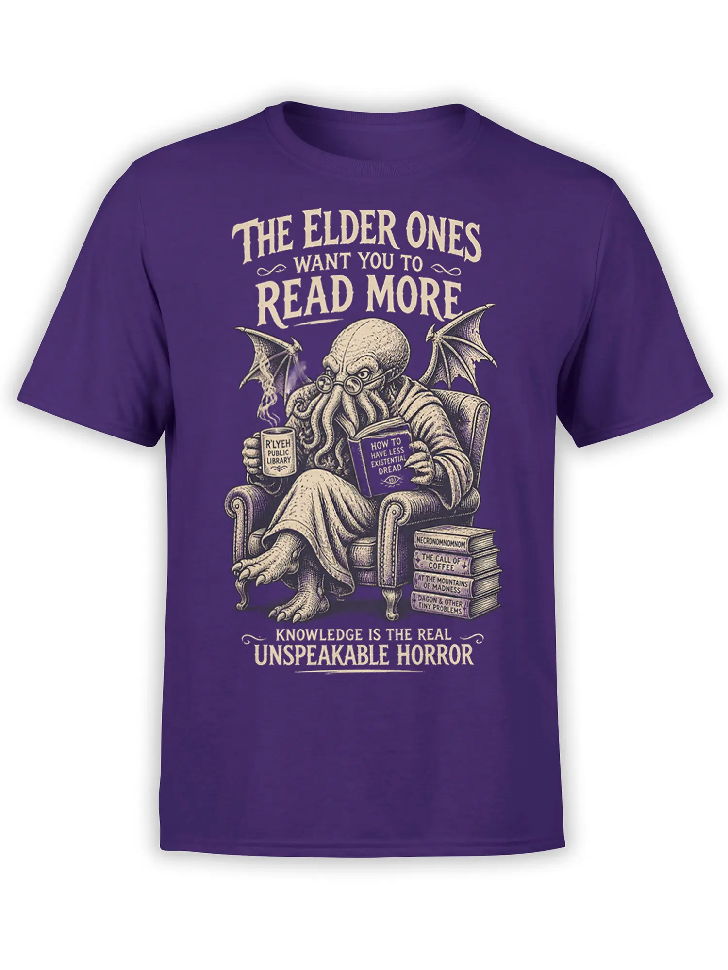 Purple octopus T-shirt with a winged creature reading about existential dread among old books