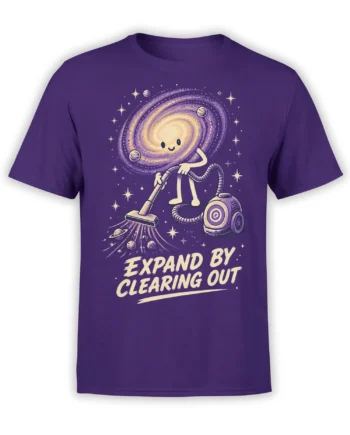 Purple space T-shirt with a smiling cosmic character, planets, stars, vacuum cleaner, and “Expand by Clearing Out” text