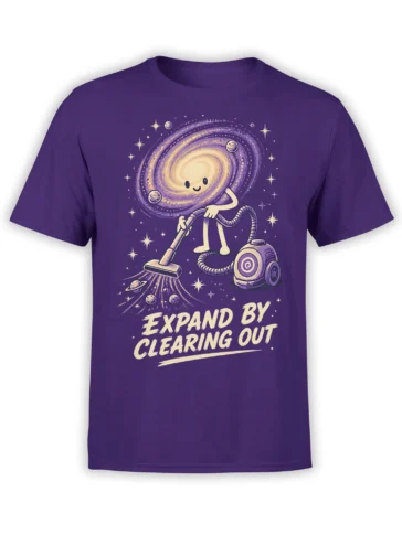 Purple space T-shirt with a smiling cosmic character, planets, stars, vacuum cleaner, and “Expand by Clearing Out” text